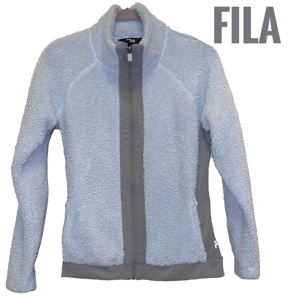 FILA SPORT Women’s Sherpa Fleece Plush Full Zip Jacket Blue with Gray Trim EUC L